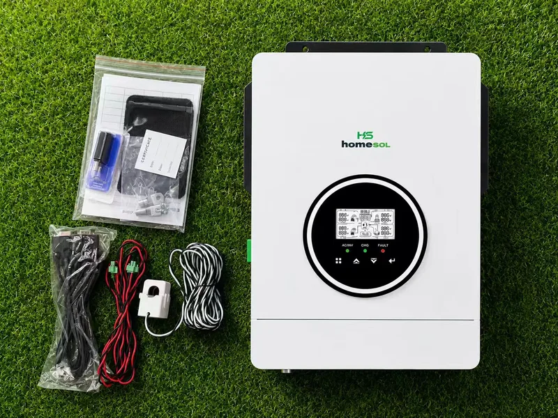 HOMESOL branded inverter with cables, accessories and documentation laid out