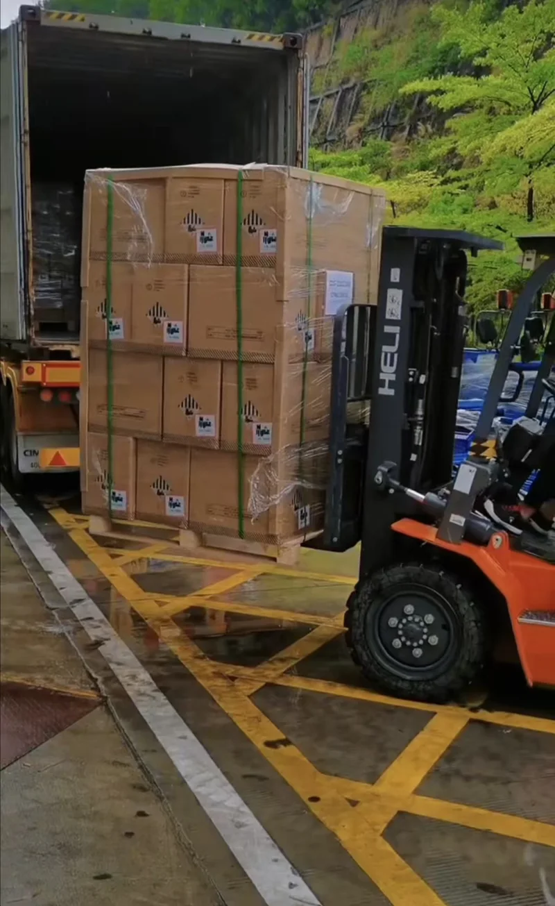 Forklift loading wrapped and strapped cartons into a shipping container